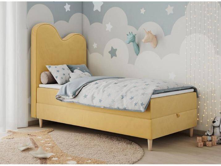 Kinderbett FLOW - Boxspringbett mit Stauraum, Einzelbett für Jugendliche, Bettkasten und hohe Kopfteil - 90x180 cm - Gelb Velvet von Kauf-Unique Marketplace