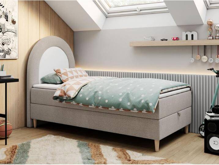 Kinderbett NEST - Boxspringbett für Kinder, mit hohem Kopfteil, Einzelbett mit Stauraum und Matratze - 90x180 cm - Beige Strukture von Kauf-Unique Marketplace