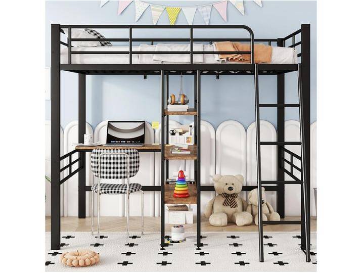 Kinderbett im Hochbett 90*200 cm, ohne Matratze, Bett mit Schreibtisch, mehrere Regale, Schienen, Leiter, Schwarz. von Kauf-Unique Marketplace