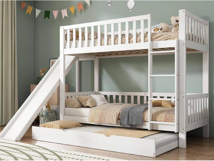 Kinderbett mit Etagenbetten 90x200/190 cm - mit Nido-Bett - mit Tobogán und gerader Treppe mit 4 Stufen - Massivholz + MDF - weiß (ohne Matratze) von Kauf-Unique Marketplace