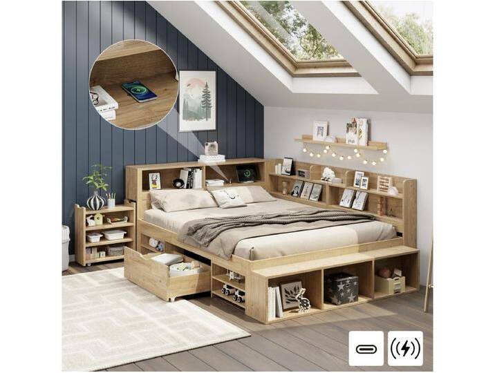 Kinderbett mit Stauraum - 140 x 200 cm - mit ausziehbaren Nachttischschubladen + Regal - Sperrholz - natur Kinderbett mit Stauraum - 140 x 200 cm - mit ausziehbaren Nachttischschubladen + Regal - Sperrholz - natur von Kauf-Unique Marketplace