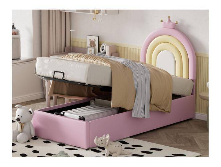 Kinderbett mit Stauraum 90 x 200 cm – aus Kunstleder – mit höhenverstellbarem Kopfteil – mit Lattenrost – Rosa von Kauf-Unique Marketplace