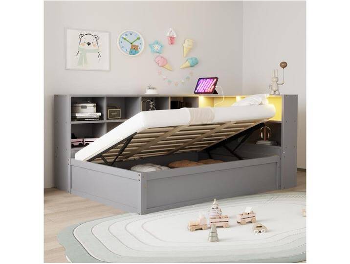 Kinderbett mit Stauraum - 90 x 200 cm - mit LEDs + mehreren Stauräumen - hydraulisches Bett - Holz + MDF - grau Kinderbett mit Stauraum - 90 x 200 cm - mit LEDs + mehreren Stauräumen - hydraulisches Bett - Holz + MDF - grau von Kauf-Unique Marketplace