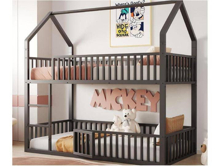 Kinderetagenbett 90x200 cm - mit Treppe - mit Türchen - Metall - Schwarz (Matratze nicht im Lieferumfang enthalten) von Kauf-Unique Marketplace