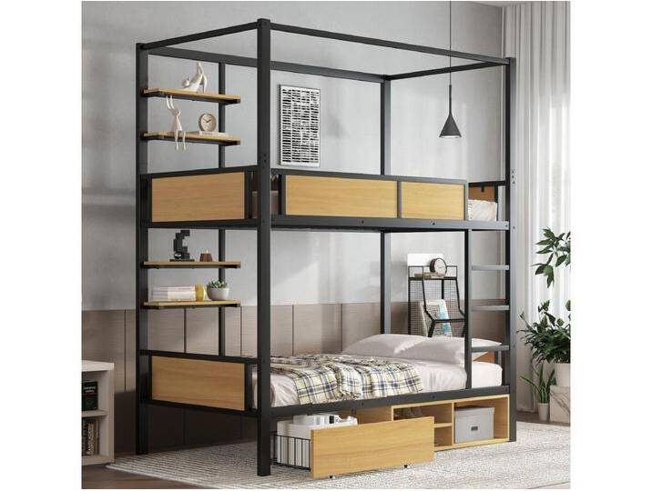 Kinderetagenbett aus Eisen – 2 x 90 x 200 cm – Doppelregal + 1 Schublade + Stauraum unter dem Bett – Metall – schwarz + natur von Kauf-Unique Marketplace