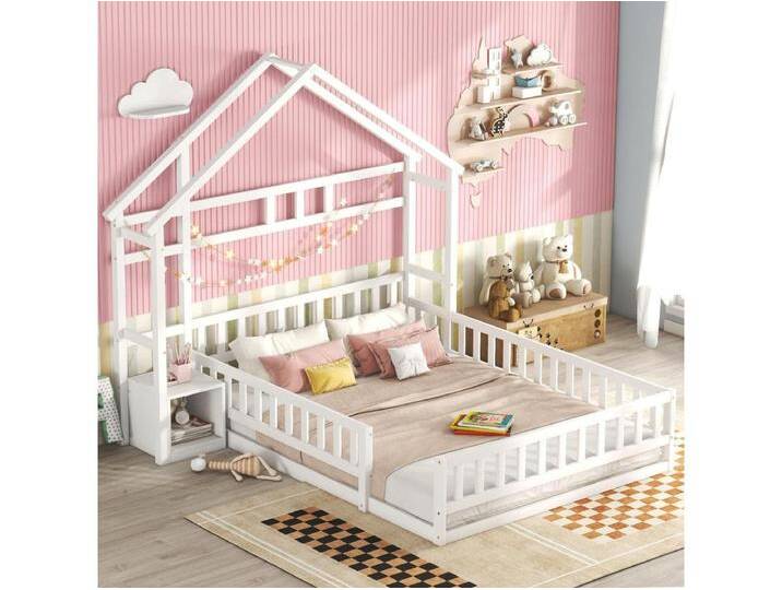 Kinderhochbett – 140 x 190 cm – mit Rausfallschutz + Nachttische – Kiefer + MDF – weiß von Kauf-Unique Marketplace