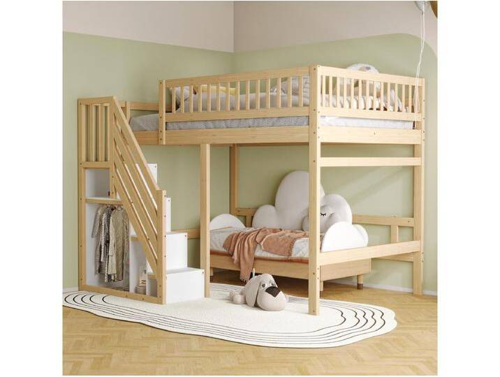 Kinderhochbett - 140 x 200 cm - Treppe mit Stauraum - Holz - Natur von Kauf-Unique Marketplace