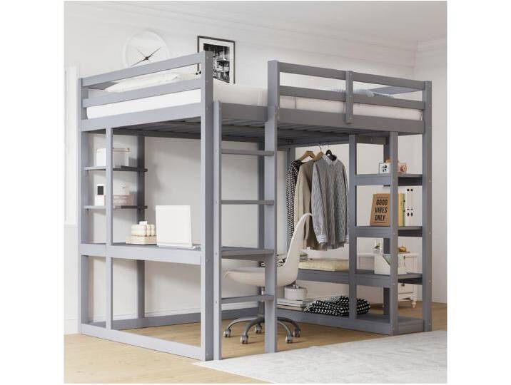 Kinderhochbett - 140 x 200 cm - mit Leiter + Tisch + Regale + Kleiderbügel - Holz + MDF - grau von Kauf-Unique Marketplace