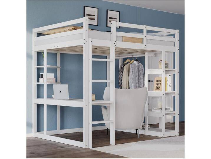 Kinderhochbett - 140 x 200 cm - mit Leiter + Tisch + Regale + Kleiderbügel - Holz + MDF - weiß von Kauf-Unique Marketplace