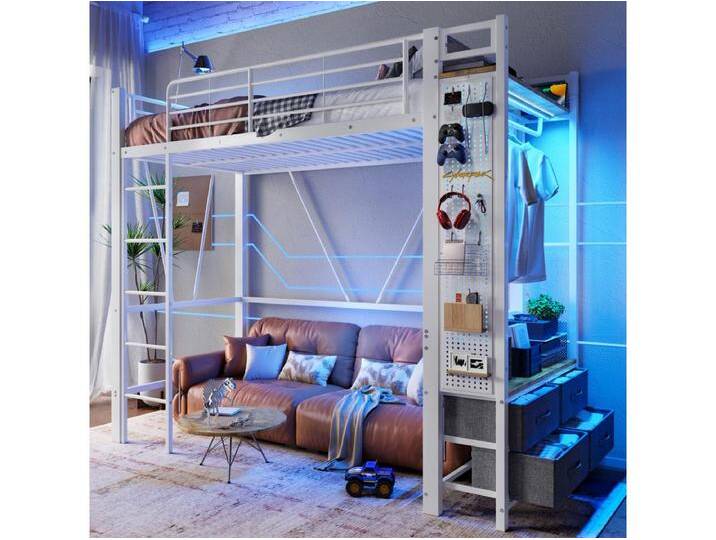 Kinderhochbett - 90 x 200 cm - Eisenkonstruktion - mit Regalen + 4 Schubladen + LEDs - Metall - weiß von Kauf-Unique Marketplace