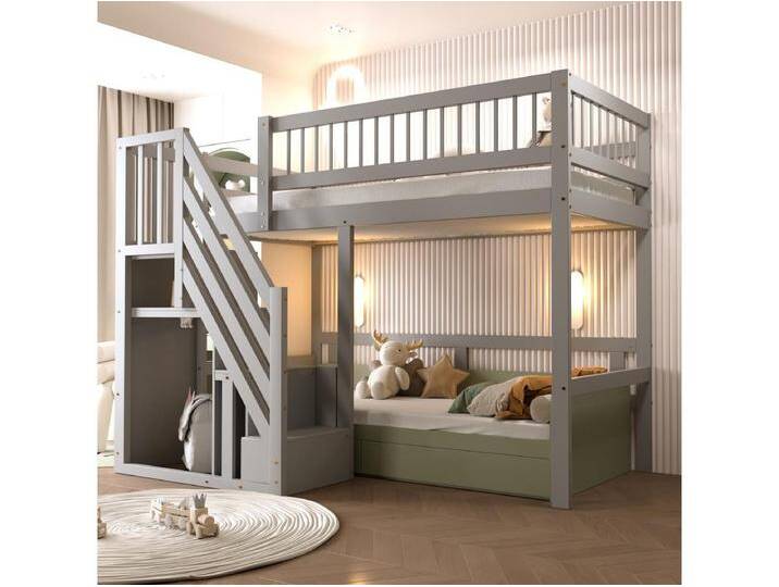 Kinderhochbett - 90 x 200 cm - Treppe mit Stauraum - Holz - Grau von Kauf-Unique Marketplace