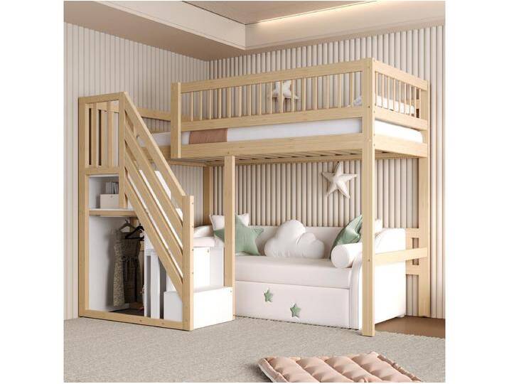 Kinderhochbett - 90 x 200 cm - Treppe mit Stauraum - Holz - Natur von Kauf-Unique Marketplace