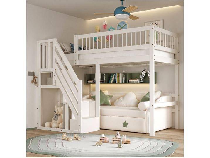 Kinderhochbett - 90 x 200 cm - Treppe mit Stauraum - Holz - weiß von Kauf-Unique Marketplace