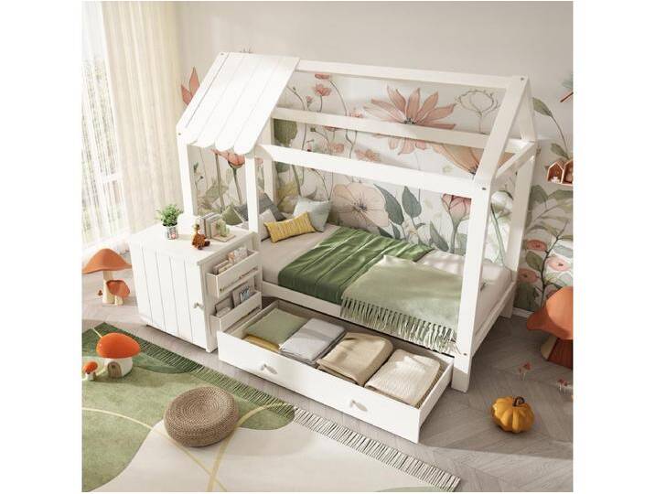 Kinderhochbett - 90 x 200 cm - mit 1 Schublade + abnehmbarem Nachttisch - Standbett - Kiefer + MDF - weiß von Kauf-Unique Marketplace