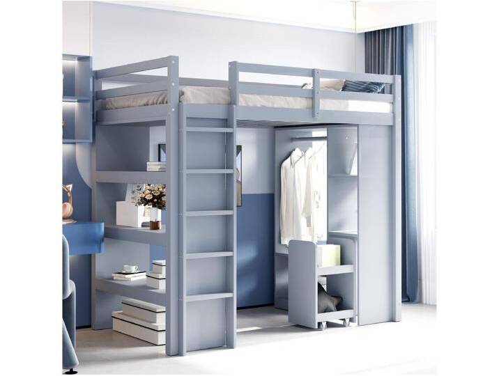 Kinderhochbett - 90 x 200 cm - mit 1 herausnehmbaren Aufbewahrungswagen + Einzelkleiderbügel - Holz + MDF - grau von Kauf-Unique Marketplace