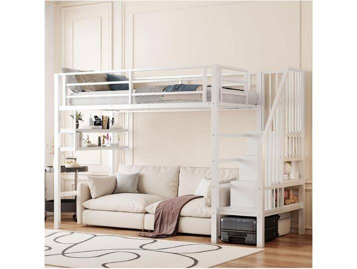 Kinderhochbett - 90 x 200 cm - mit Ablageböden und Leiter - Metall + MDF - weiß von Kauf-Unique Marketplace