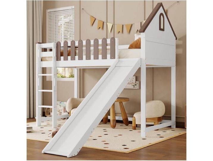 Kinderhochbett - 90 x 200 cm - mit Dach + Fenster + Rutsche - Kiefer + MDF - weiß von Kauf-Unique Marketplace