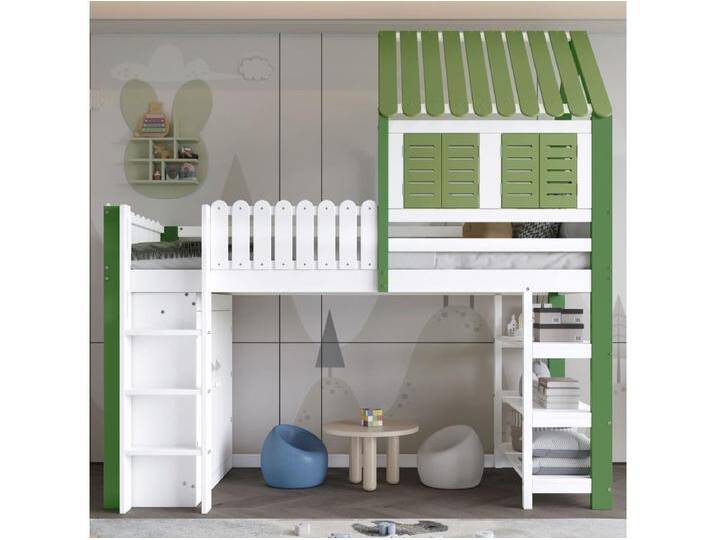 Kinderhochbett – 90 x 200 cm – mit Kleiderschrank + Absturzsicherung + Dach und Fenster – Kiefer + MDF – Weiß + Grün von Kauf-Unique Marketplace