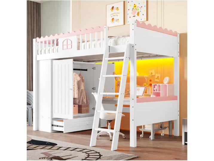 Kinderhochbett - 90 x 200 cm - mit Kleiderschrank und Schublade - LEDs - Kiefernholz - weiß von Kauf-Unique Marketplace
