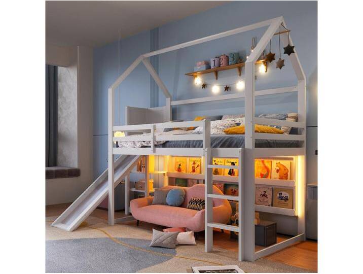 Kinderhochbett - 90 x 200 cm - mit LEDs + Regale + Zaun - Hausform - Kiefer - weiß Kinderhochbett - 90 x 200 cm - mit LEDs + Regale + Zaun - Hausform - Kiefer - weiß von Kauf-Unique Marketplace