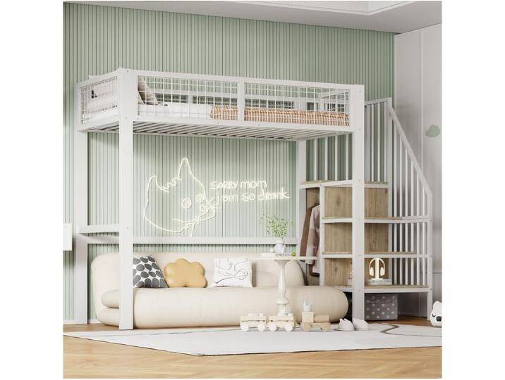 Kinderhochbett - 90 x 200 cm - mit Leiter + Ablagefach + Kleiderschrank - Metall - weiß von Kauf-Unique Marketplace