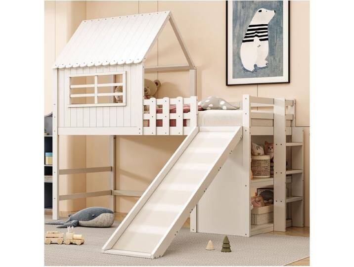 Kinderhochbett - 90 x 200 cm - mit Leiter + Rutsche + Ablageboden - Holz - weiß von Kauf-Unique Marketplace