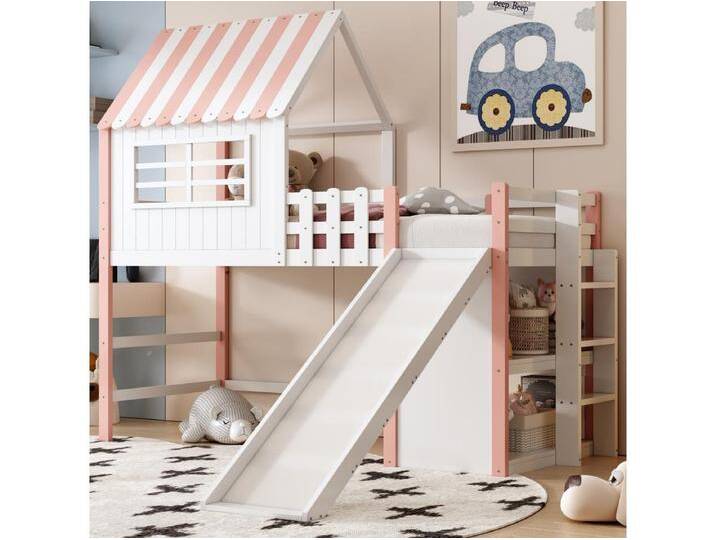 Kinderhochbett - 90 x 200 cm - mit Leiter + Rutsche + Ablagefach - Holz - rosa von Kauf-Unique Marketplace