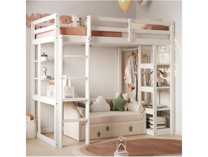 Kinderhochbett - 90 x 200 cm - mit Leiter + Tisch + Regale + Kleiderbügel - Holz + MDF - weiß von Kauf-Unique Marketplace