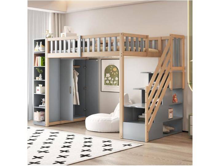 Kinderhochbett - 90 x 200 cm - mit Regalen + Kleiderschrank + Stauraumtreppe - Holz - grau von Kauf-Unique Marketplace
