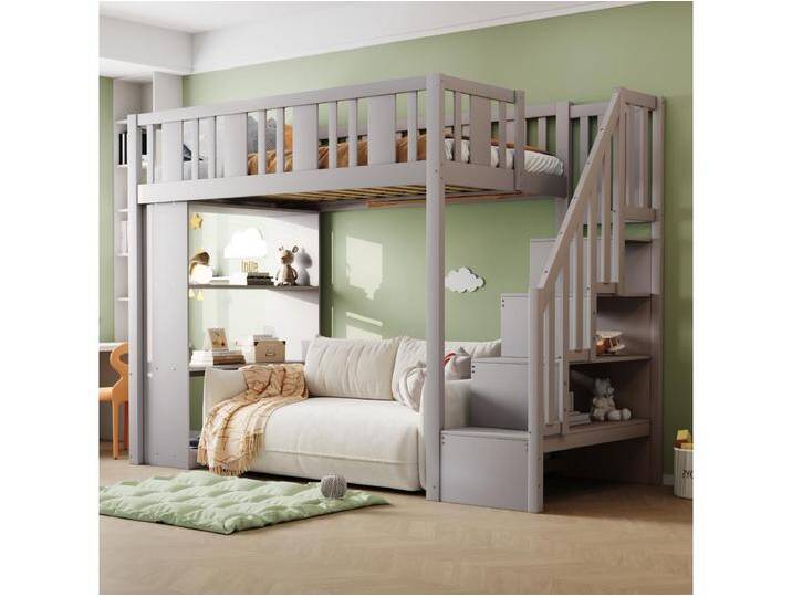 Kinderhochbett - 90 x 200 cm - mit Stauraum in der Treppe und Ablageboden - Holz + MDF - grau Kinderhochbett - 90 x 200 cm - mit Stauraum in der Treppe und Ablageboden - Holz + MDF - grau von Kauf-Unique Marketplace