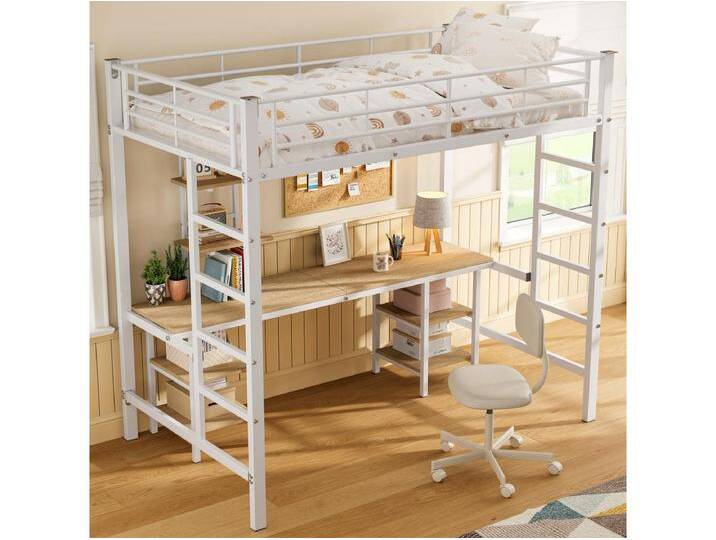 Kinderhochbett - 90 x 200 cm - mit Tisch und Ablageflächen - Eisen + MDF - weiß von Kauf-Unique Marketplace