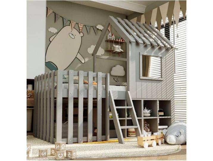 Kinderhochbett - 90 x 200 - mit Dach + Fenster + Stauraum + Kletterleiter - Kiefer + Sperrholz + MDF - grau von Kauf-Unique Marketplace