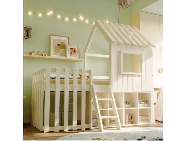 Kinderhochbett - 90 x 200 - mit Dach + Fenster + Stauraum + Kletterleiter - Kiefer + Sperrholz + MDF - weiß von Kauf-Unique Marketplace