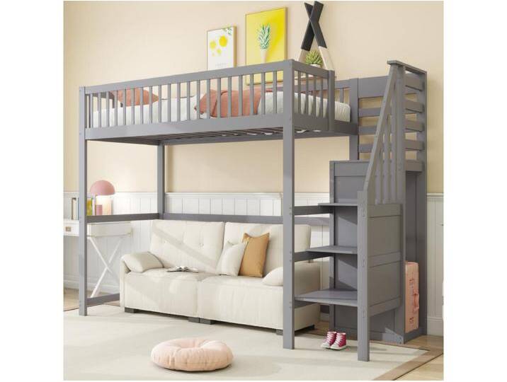 Kinderhochbett - 90 x 200 - mit Treppe + Kleiderschrank - Holz + MDF - grau Kinderhochbett - 90 x 200 - mit Treppe + Kleiderschrank - Holz + MDF - grau von Kauf-Unique Marketplace