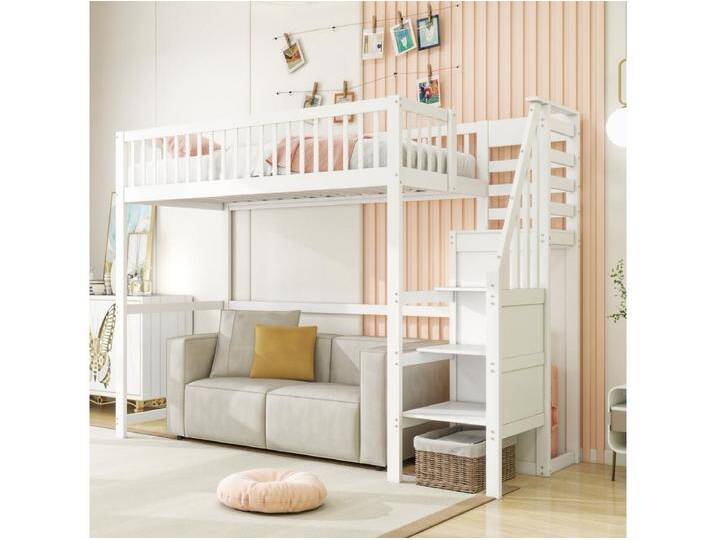 Kinderhochbett - 90 x 200 - mit Treppe + Kleiderschrank - Holz + MDF - weiß Kinderhochbett - 90 x 200 - mit Treppe + Kleiderschrank - Holz + MDF - weiß von Kauf-Unique Marketplace