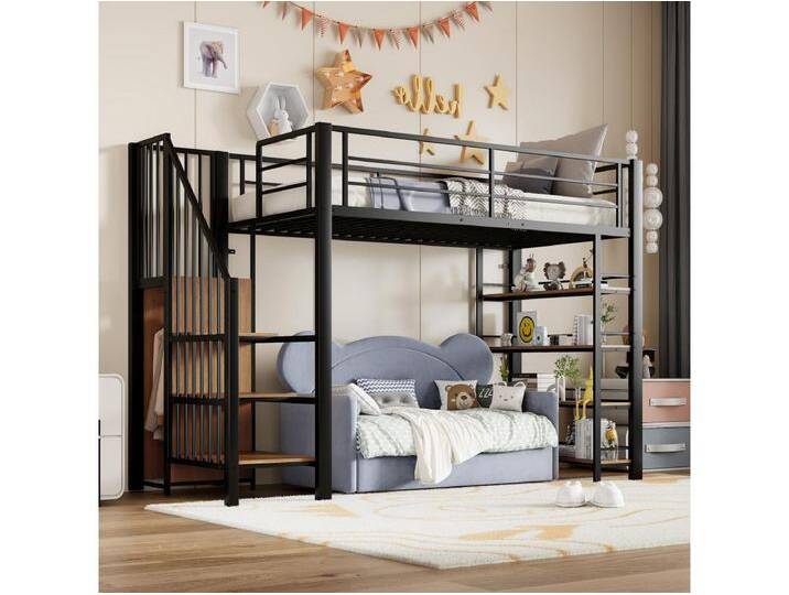 Kinderhochbett - 90 x 200 - mit Treppe + Stauraum + Regale - MDF + Metall - schwarz von Kauf-Unique Marketplace