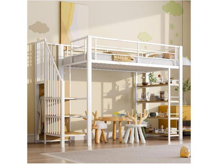 Kinderhochbett - 90 x 200 - mit Treppe + Stauraum + Regale - MDF + Metall - weiß Kinderhochbett - 90 x 200 - mit Treppe + Stauraum + Regale - MDF + Metall - weiß von Kauf-Unique Marketplace