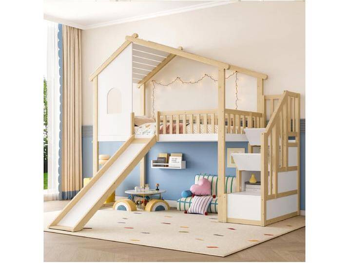 Kinderhochbett - 90 x 200cm - mit Bettgitter + Leiter + Fenster + Rutsche - Kiefer - natur + weiß von Kauf-Unique Marketplace