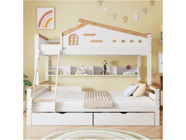 Kinderhochbett 90x200cm & 140x200cm , mit Geländer, Schubladen, Fenster und Schubladen, weiß + naturfarben. von Kauf-Unique Marketplace