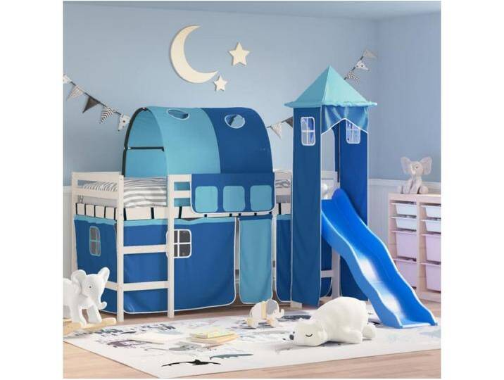 Kinderhochbett mit Turm Blau 90x190 cm Massivholz Kiefer von Kauf-Unique Marketplace