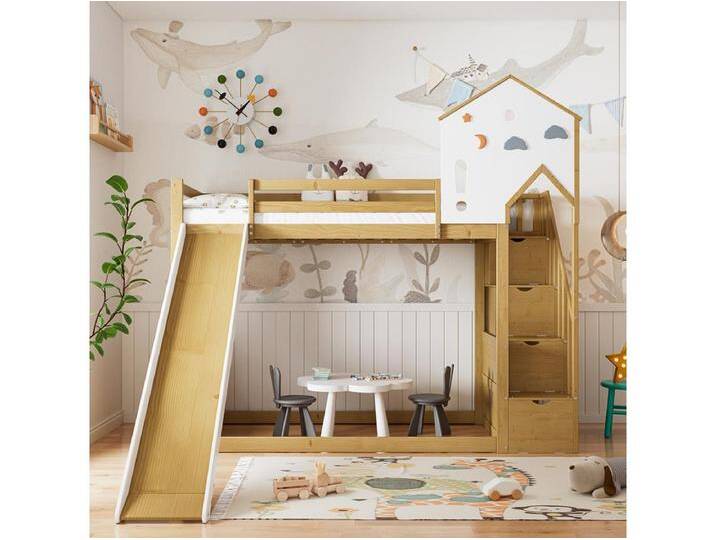 Kinderhochstockbett 90x200 cm, Einzelbett mit Schrägtreppe, Dach und Fenster, 3 Stauschränke auf der Treppe, weiß+naturfarben von Kauf-Unique Marketplace