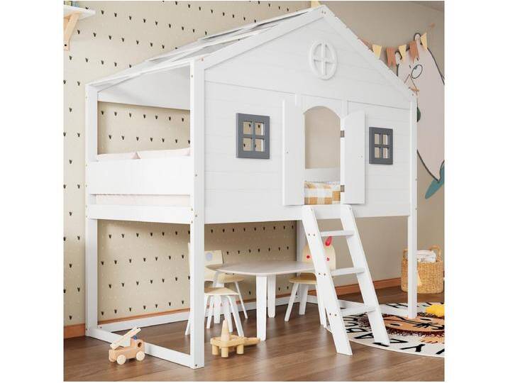 Kinderhütten-Hochbett - 90 x 200 cm - mit Treppe + 2 Fenster - Kiefer + MDF - weiß + grau von Kauf-Unique Marketplace