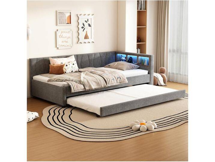 Kinderschlafsofa - 90 x 200 cm - Stauraum am Bett - mit USB + LEDs - mit Ausziehbett 90 x 190 cm - Leinen + MDF - Grau von Kauf-Unique Marketplace