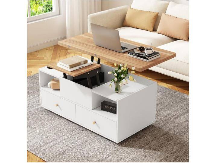 Klappbarer Couchtisch – 100 x 50 x 47,5 cm – mit Klappfunktion + 4 Schubladen + Rollen – MDF – natur Klappbarer Couchtisch – 100 x 50 x 47,5 cm – mit Klappfunktion + 4 Schubladen + Rollen – MDF – natur von Kauf-Unique Marketplace