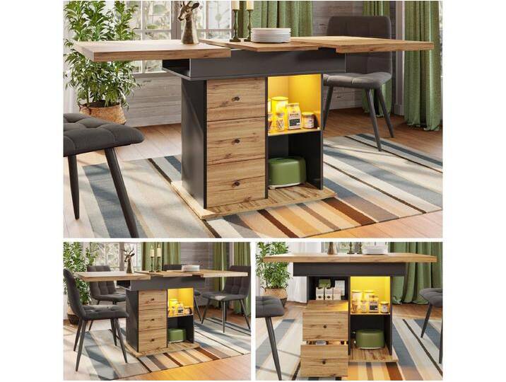 Klappbarer Esstisch 4 – 6 Plätze – 110-140 x 80 x 75 cm – ausziehbar – mit 2 Schubladen + LEDs – MDF – schwarz von Kauf-Unique Marketplace