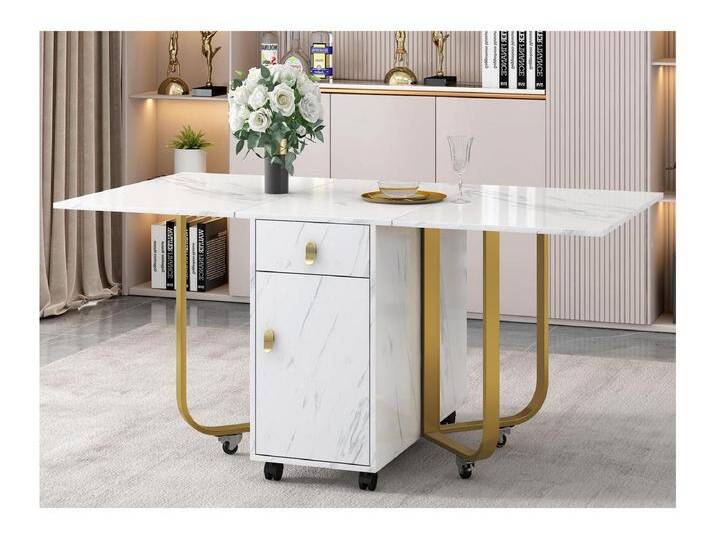 Klappbarer Esstisch auf Rollen – mit Stauraum – Weiß und Gold von Kauf-Unique Marketplace