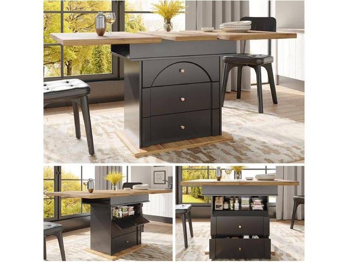 Klappbarer Esstisch für 4 – 6 Personen – 110-140 x 80 x 75 cm – ausziehbar – mit 1 Tür + 2 Schubladen – MDF – schwarz von Kauf-Unique Marketplace