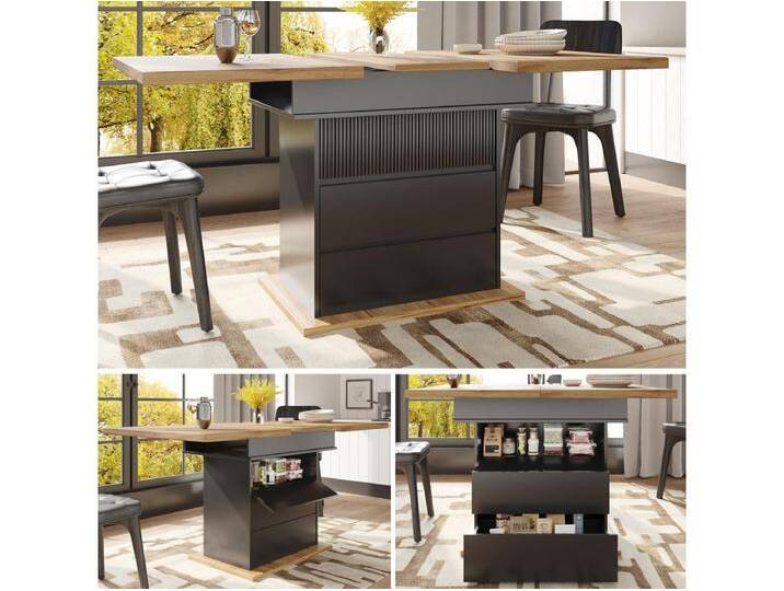Klappbarer Esstisch für 4 – 6 Personen – 110-140 x 80 x 75 cm – ausziehbar – mit 1 Tür + 2 Schubladen – MDF – schwarz von Kauf-Unique Marketplace