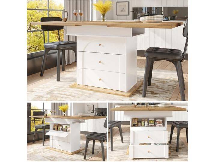 Klappbarer Esstisch für 4 – 6 Personen – 110-140 x 80 x 75 cm – ausziehbar – mit 1 Tür + 2 Schubladen – MDF – weiß von Kauf-Unique Marketplace
