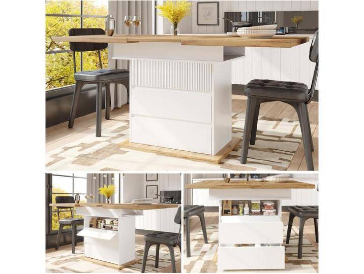 Klappbarer Esstisch für 4 – 6 Personen – 110-140 x 80 x 75 cm – ausziehbar – mit 1 Tür + 2 Schubladen – MDF – weiß Klappbarer Esstisch für 4 – 6 Personen – 110-140 x 80 x 75 cm – ausziehbar – mit 1 Tür + 2 Schubladen – MDF – weiß von Kauf-Unique Marketplace
